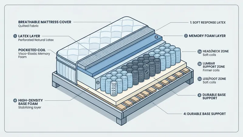 A cross-section flat illustration of a modern mattress showing distinct foam and coil layers with labels
